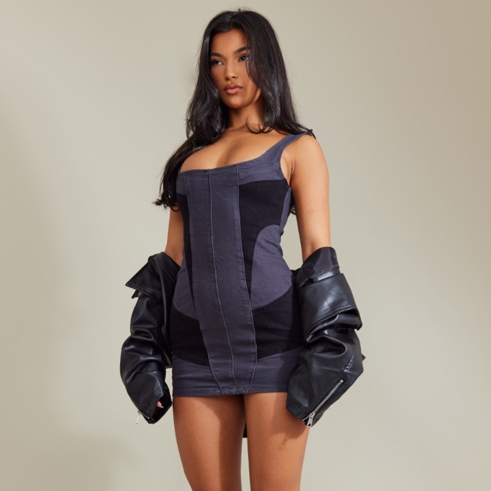 PLT black contrast panel detail denim dress
